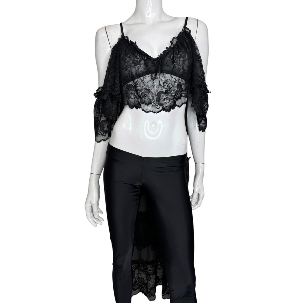 Soisbelle Paris Sheer Black Lace Cold Shoulder Attached Cape Crop Top S/M